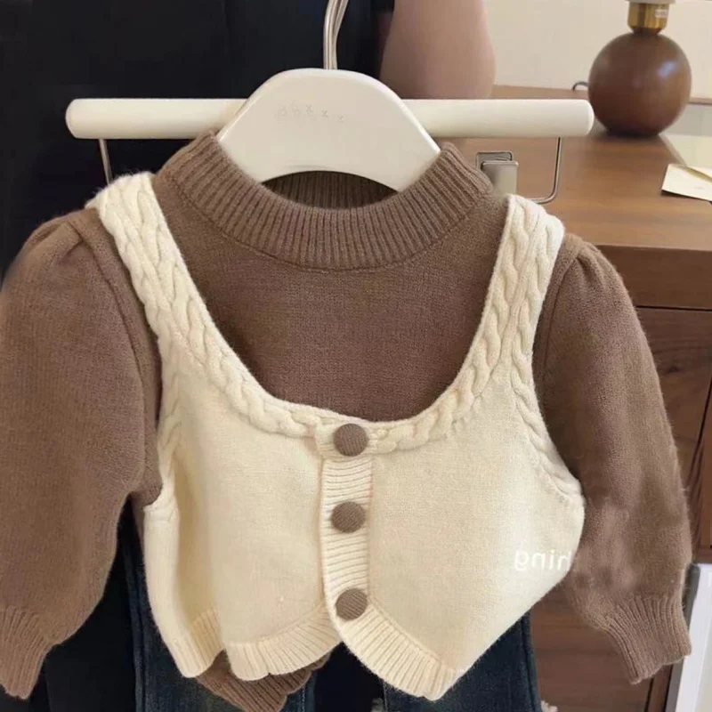 

Girls Fake Two Pieces Sweaters2024New Fashion Children Autumn and Winter Fashionable Children's Sweater Pullover