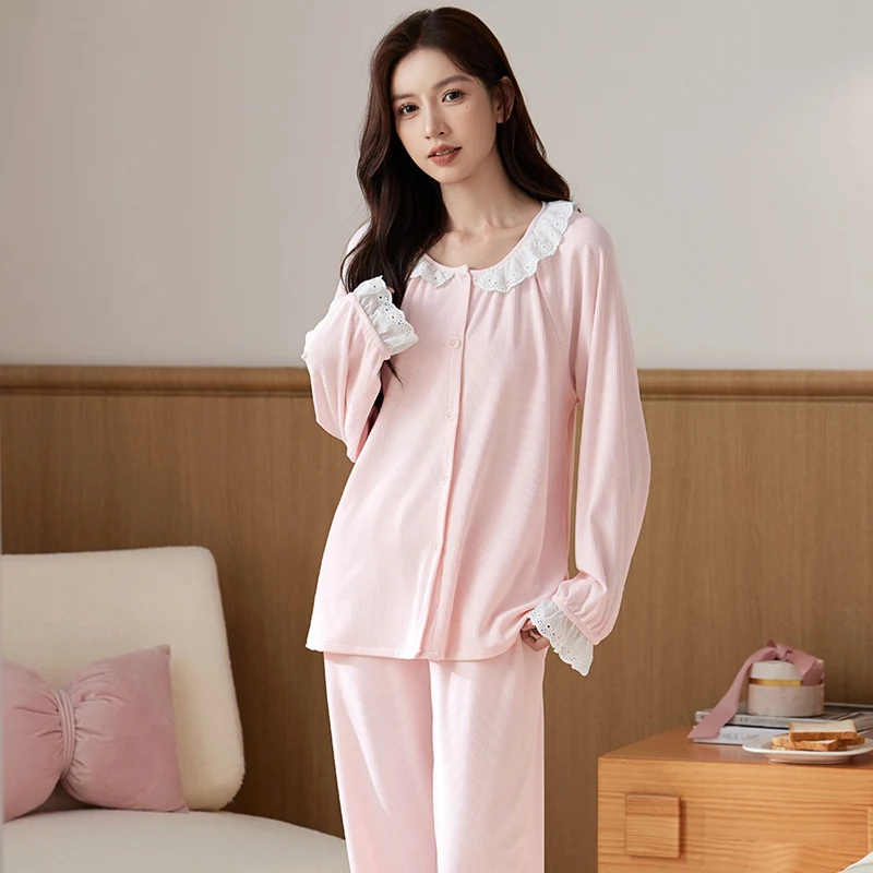 

2025 Autumn Long Sleeve 100% Cotton Pajama Sets for Women Korean Cute Lace Sleepwear Pyjama Homewear Pijama Mujer Home Clothes
