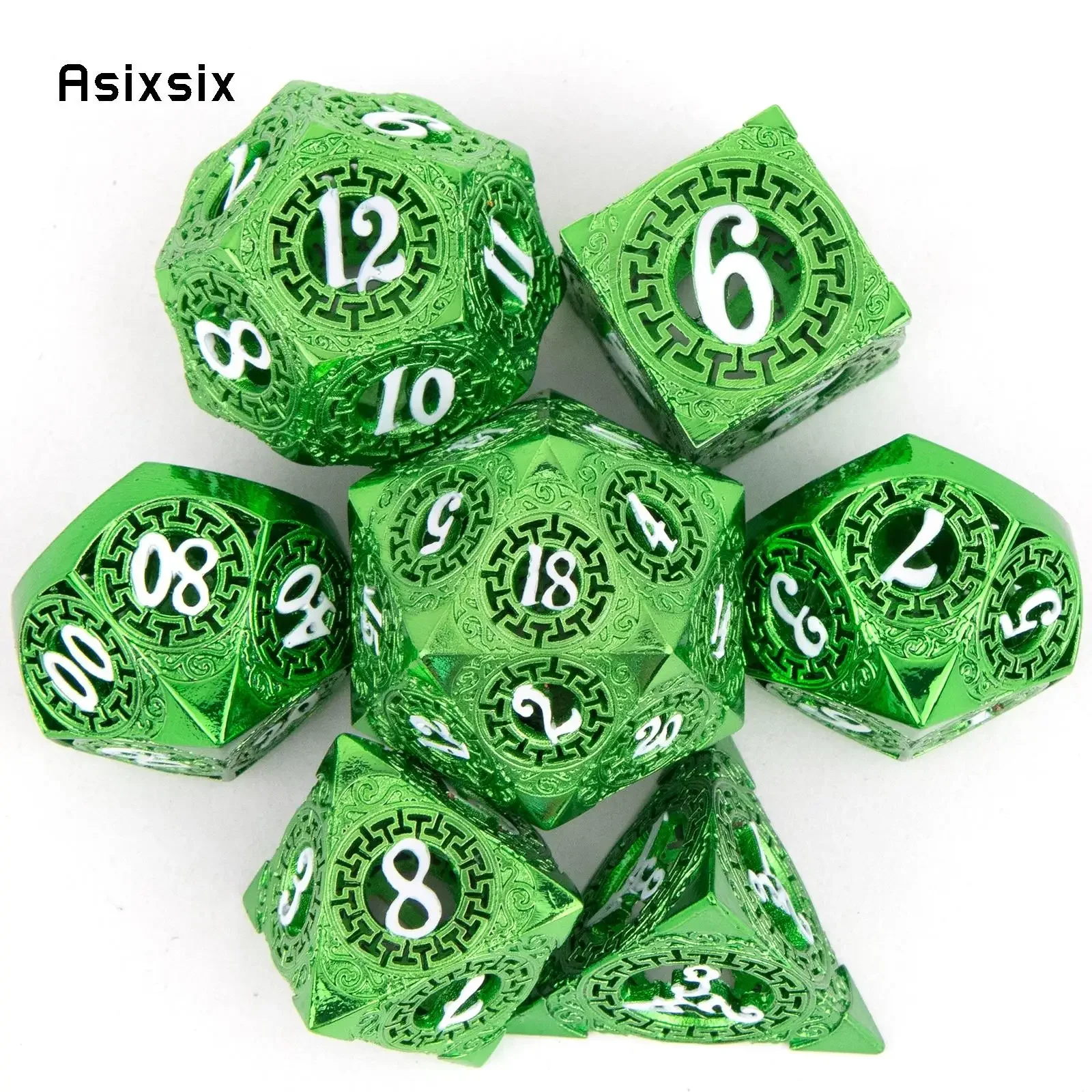 

7 Pcs Green White Gear Wheel Metal Dice Hollow Metal Polyhedral Dice Set Suitable for Role-Playing RPG Board Game Card Game