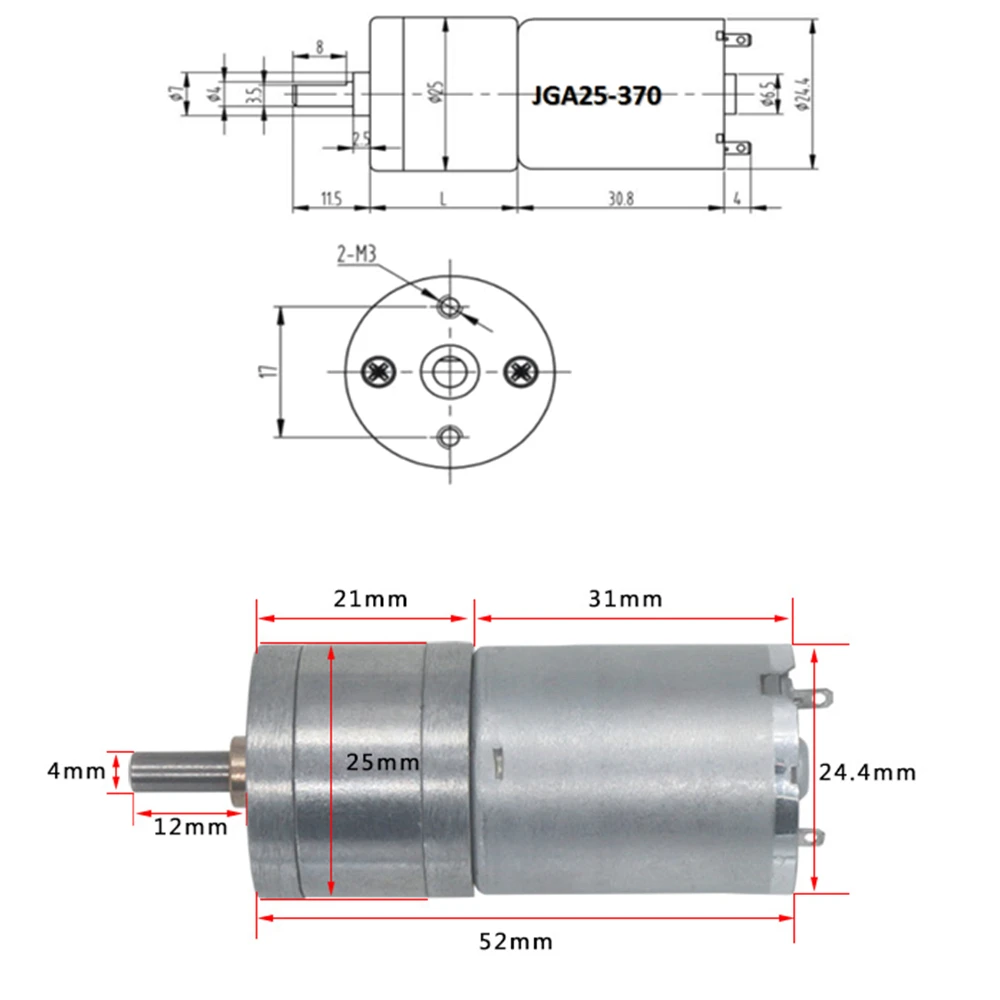 JGA25-370 Gear Reduction Motor DC Motor 6V 12V 24V Motor High Torque 16/26/35/60/77/130/170/280/620/1360rpm