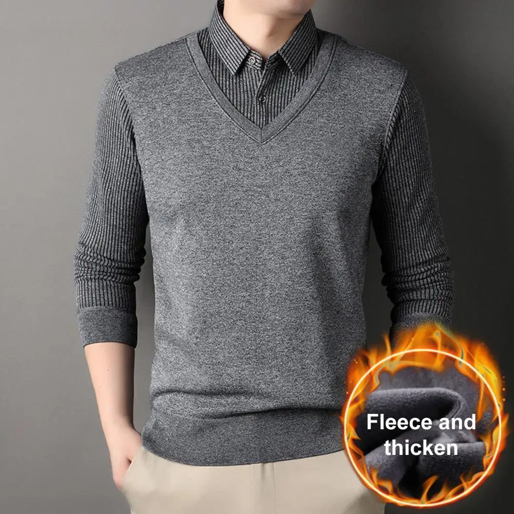 Nuevo 2024 suéter cálido acolchado con cuello de camisa para hombre, suéter ajustado de punto suelto, suéter falso de dos piezas para invierno, Tops formales cálidos para hombre