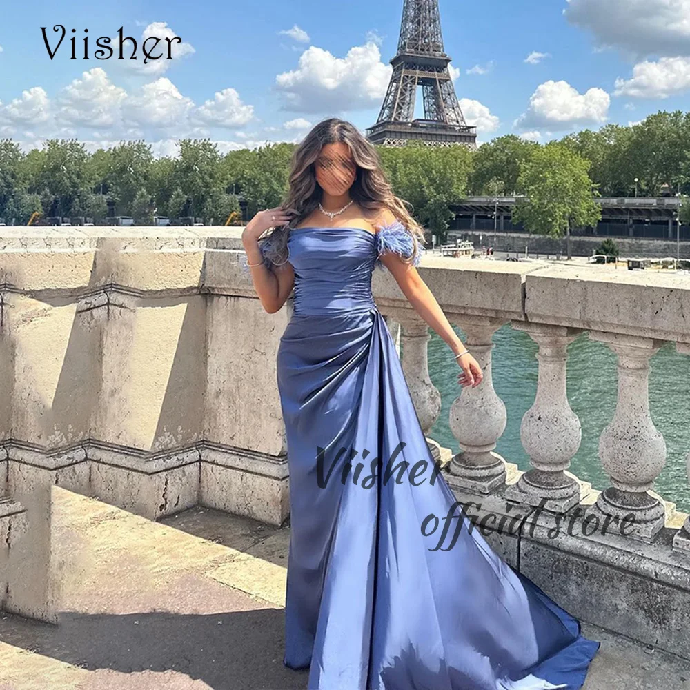 Viisher-vestido de noche de sirena azul, traje largo de satén plisado con hombros descubiertos y plumas, Formal, con tren, Árabe