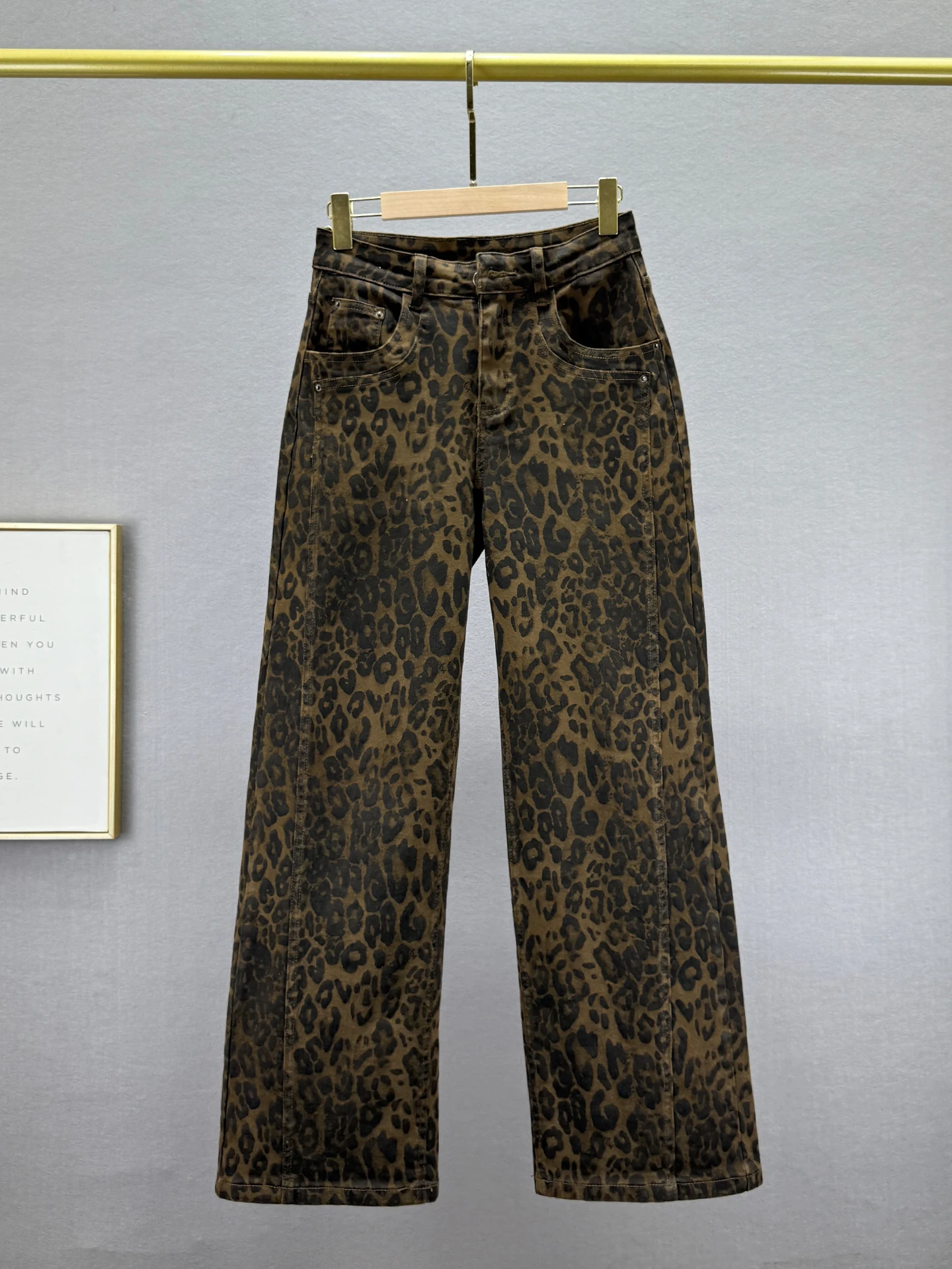 

Джинсовые брюки с леопардовым принтом и высокой талией, широкие, свободного кроя, эластичные, удобные, осенние, модные, в гонконгском стиле, длинные брюки для женщин