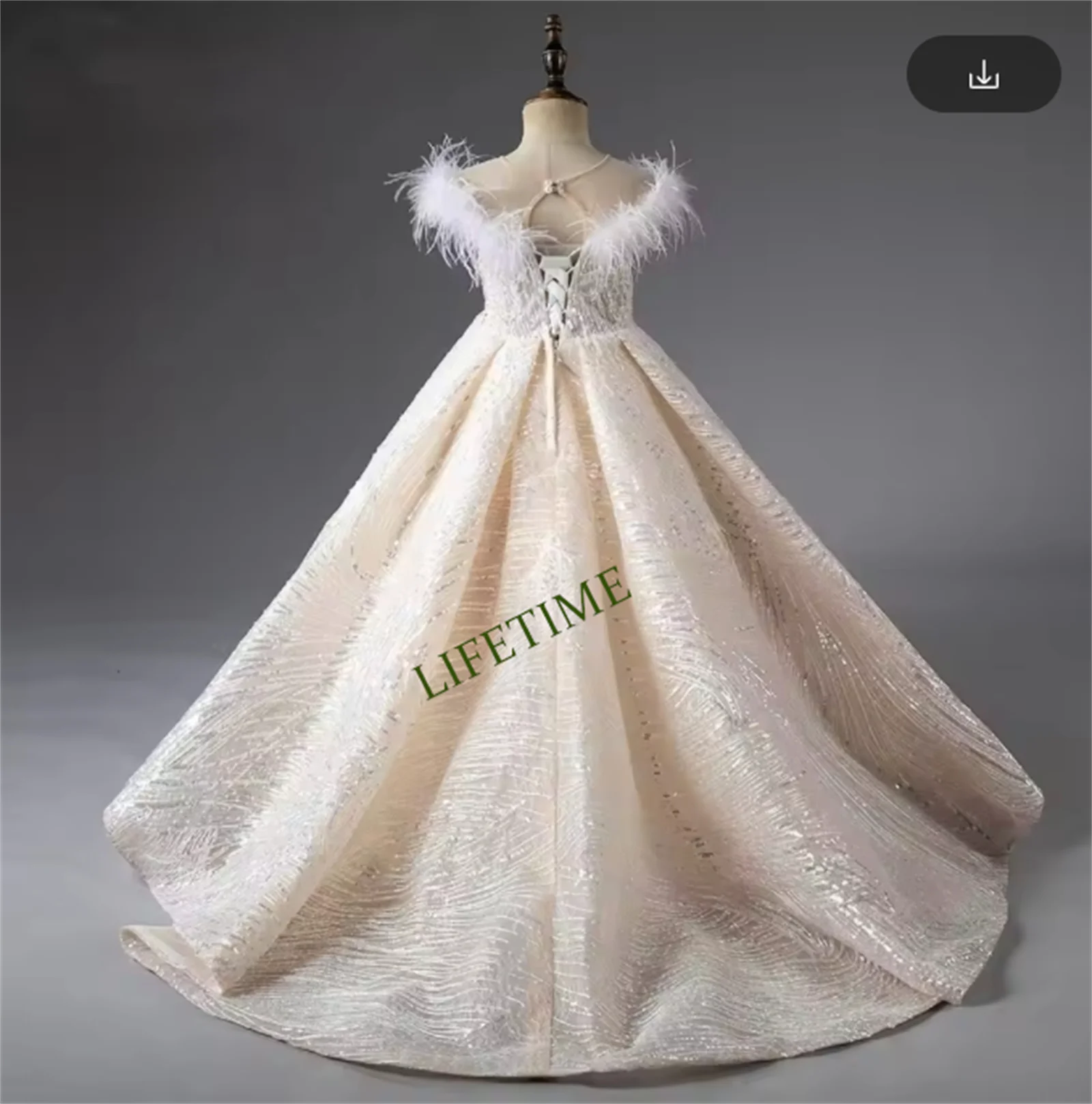 

CustomizedShiny Flower Girl Dress Champagne Pearls Beading Feathers Formal Gown for Birthday Wedding Party Show Honors Day