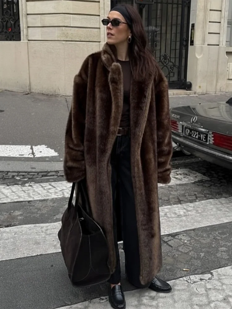 

Tuularose Faux Fur Long Coat Women's Lace-up Thickened Long Fur Coat Jacket 2025 Winter Fluffy Plush Warm Lapel Vintage Outwear