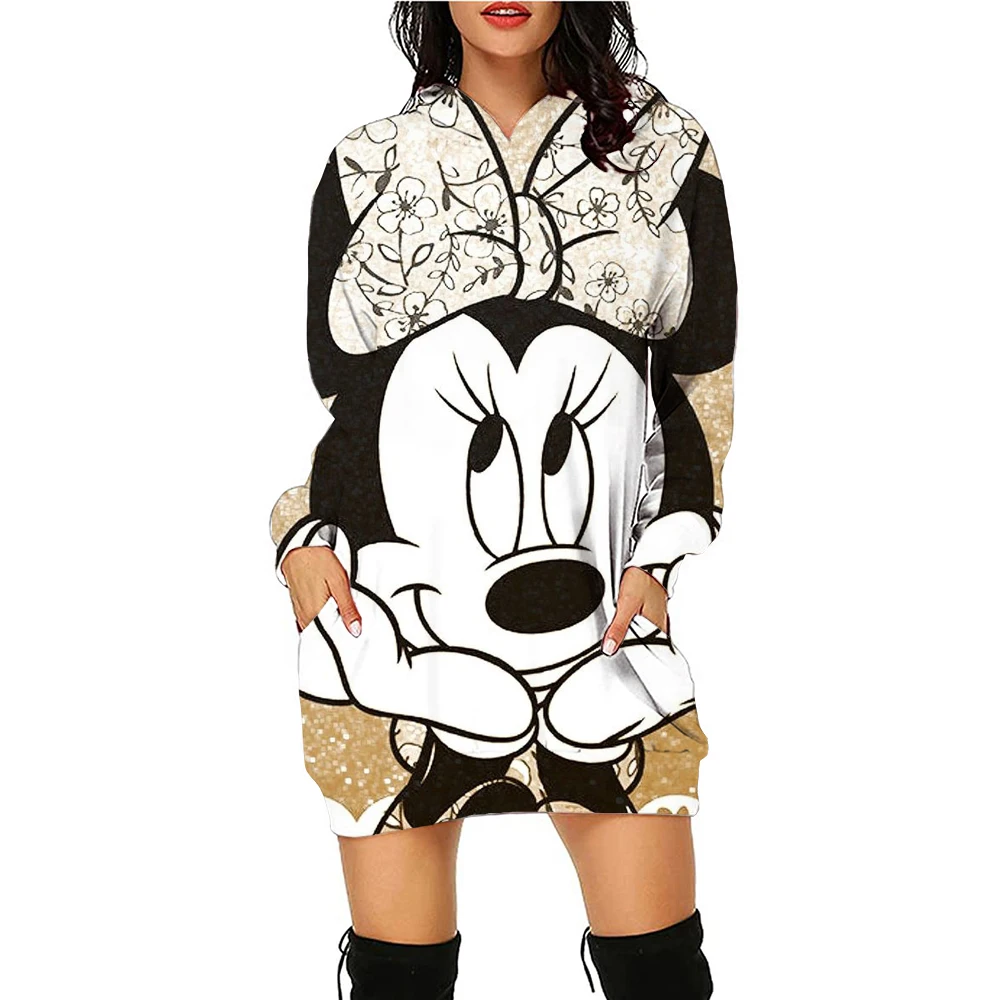 Autumn Winter Disney Mickey Mouse Mickey Print Hoodie Sweater Dress Casual Street Style Fashion Simple Ladies Sweater Dress