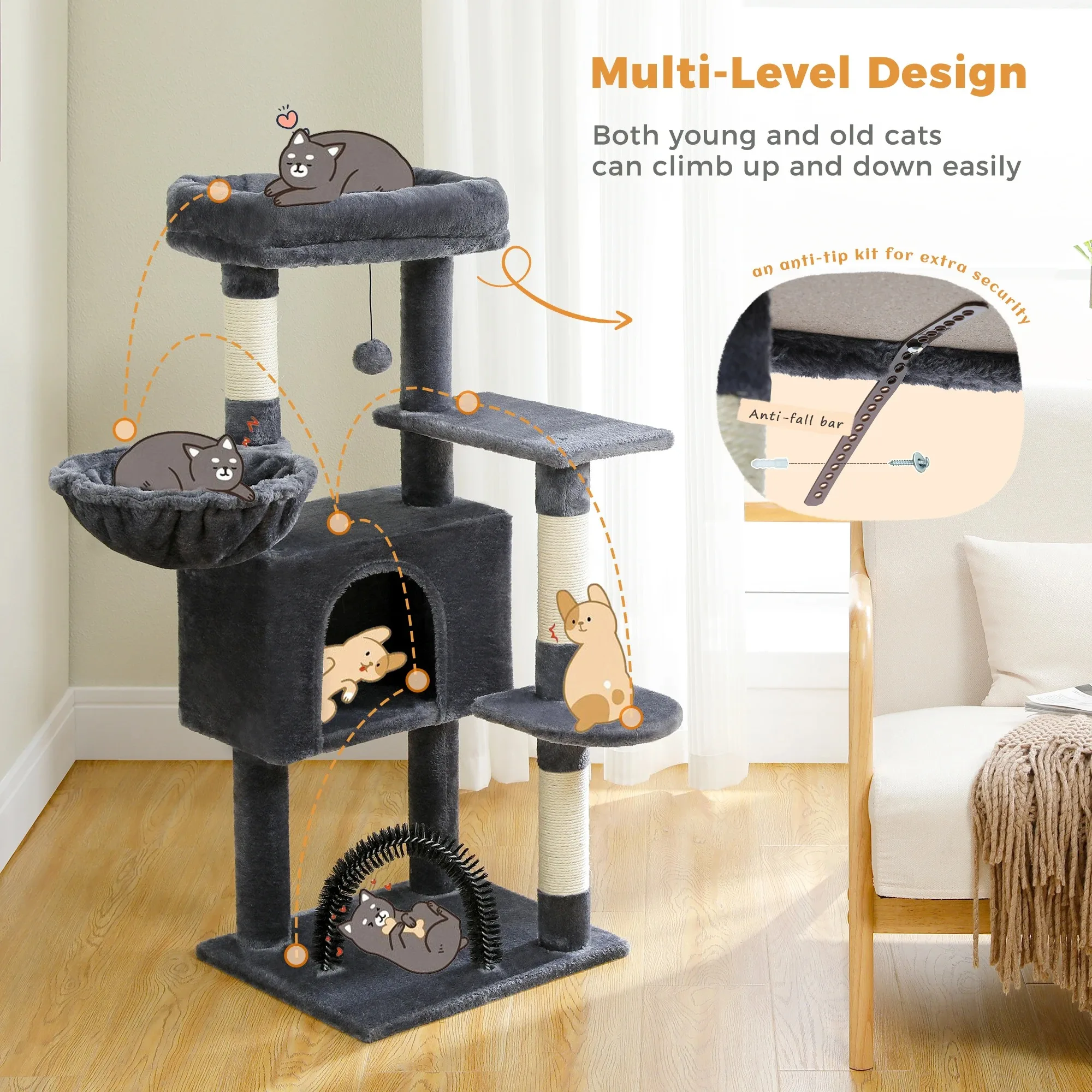 

Height 120CM Cat Tree Condo for Indoor Multi-Layer Cat Tower with Self Groomer Sisal Scratching Posts Large House Hummock Perch