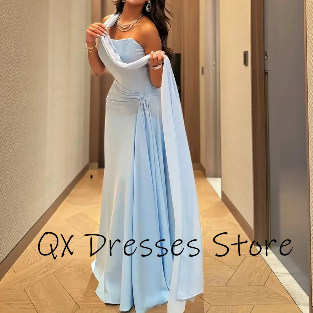 Customized Yipeisha Elegant Jersey Strapless Evening Dresses Sky Blue With Women Cape Watteau Train A-line Floor Length Party Pr