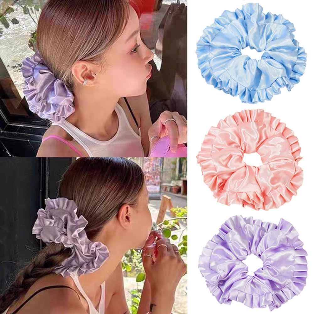 

Korean Satin Silk Pleated Scrunchies Girls Summer Ruffled Large Hair Band Hair Accessories Elastic Hair Ties Hair Rope Fashion