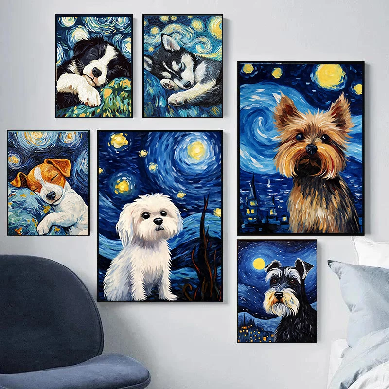 Starry Night Cute Animals Cat Dog Axolotl Platypus Poster Canvas Painting Abstract Wall Art Exhibition Living Room Home Decor