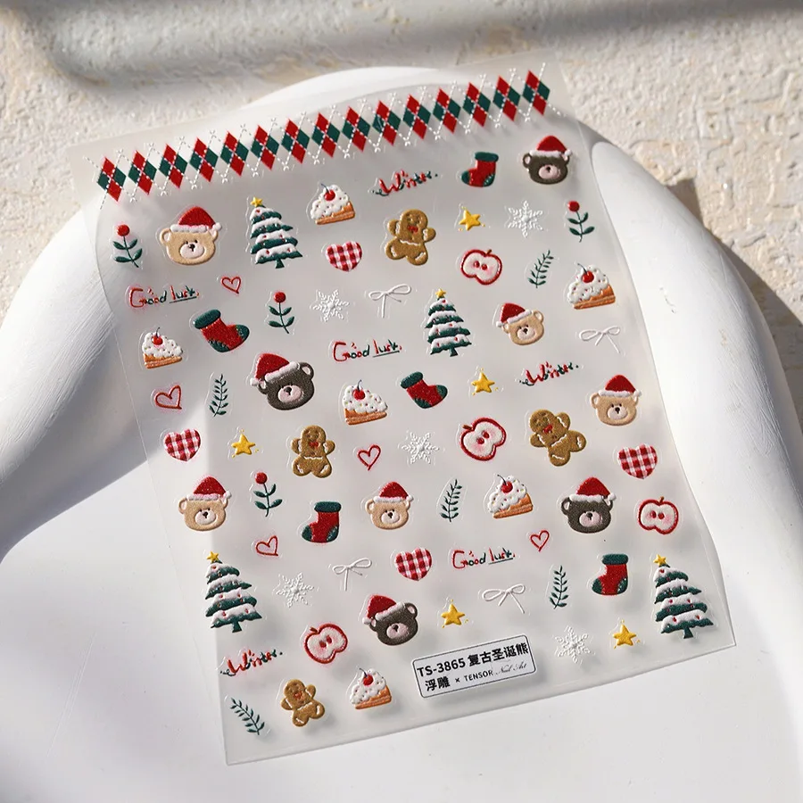 Autocollants pour ongles ours et pain d'épice mignons de noël-arbre de noël hiver flocon de neige vacances bricolage décalcomanies d'art d'ongle
