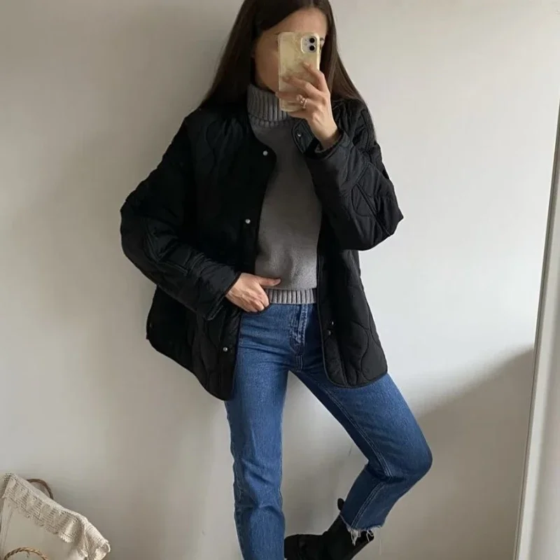 High-end outono inverno casaco de algodão feminino acolchoado jaqueta quente manga longa parkas botão blusão jaqueta o pescoço roupas femininas