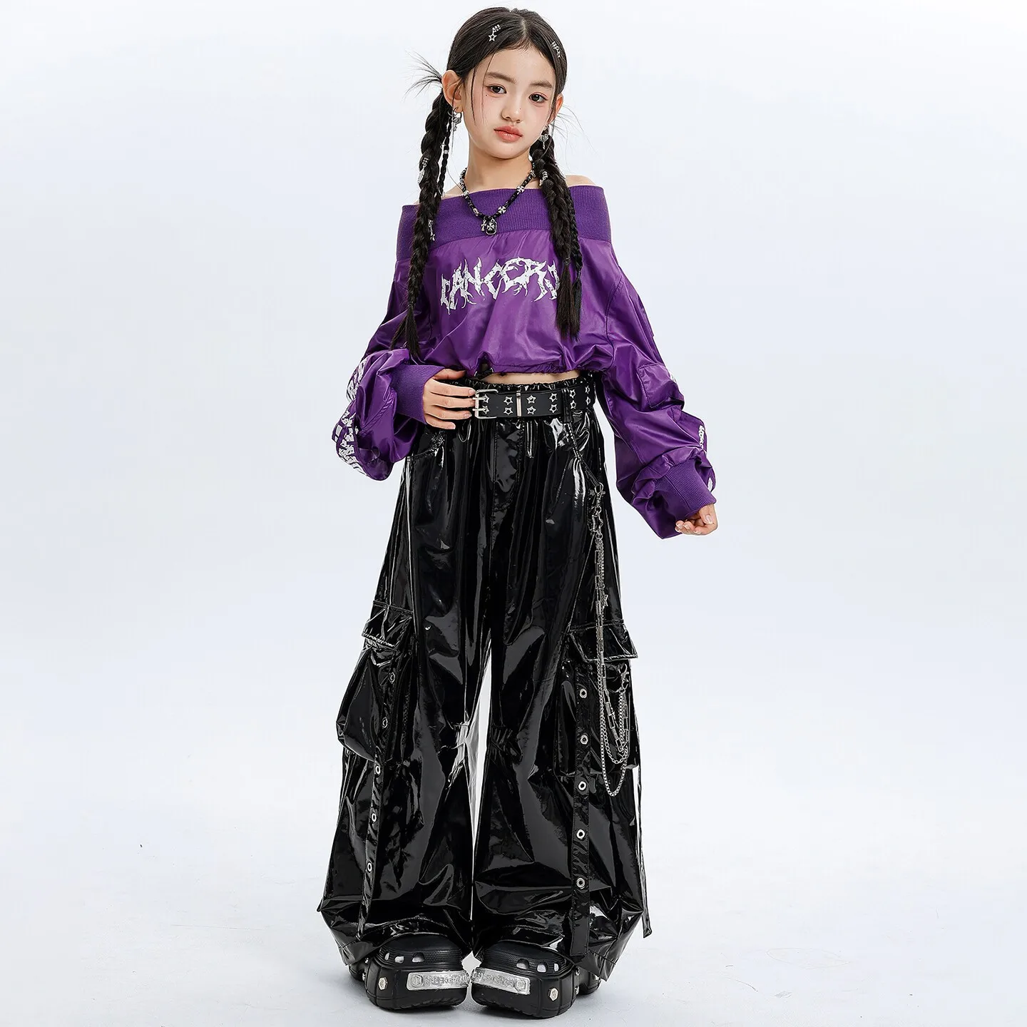 

Kid Kpop Hip Hop Clothing Purple Off Shoulder Puff Sleeve Top Strap Faux Leather Cargo Pants for Girl Jazz Dance Costume Clothes