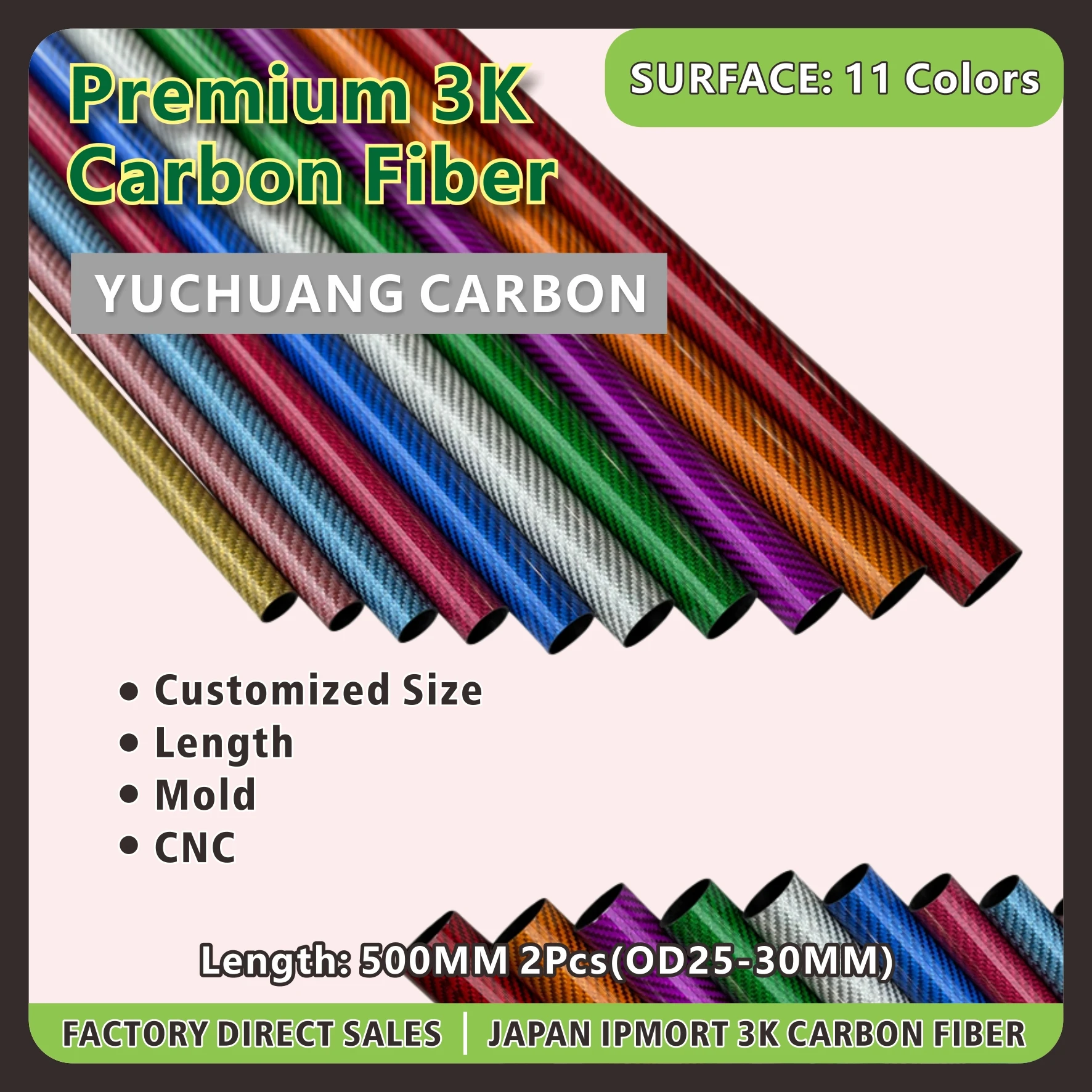 Lot/2pcs 500mm OD25--30MM   GLOSSY 25 28 30MM Colored Carbon Fiber Tube Gold Silver Blue Red Green 3K High Composite Material