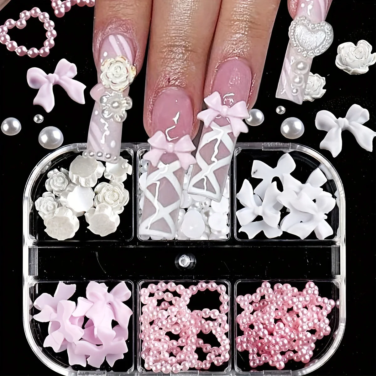 1 scatola Kawaii Mini Bow 3D Cute Nail Art Decorazioni Perle bianche Unghie Charms Disegni Fai da te Rosa Bowknot Accessori per unghie in resina