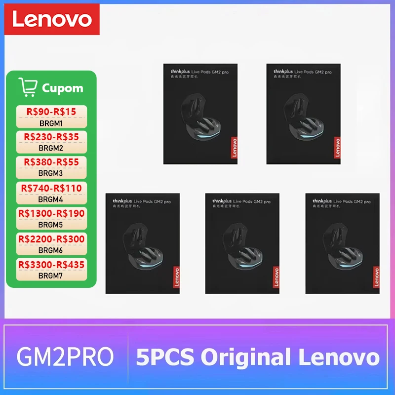 5PCS Fones de Ouvido Sem Fio Originais Lenovo GM2 Pro TWS Bluetooth 5.4 com Controle por Toque e Microfone