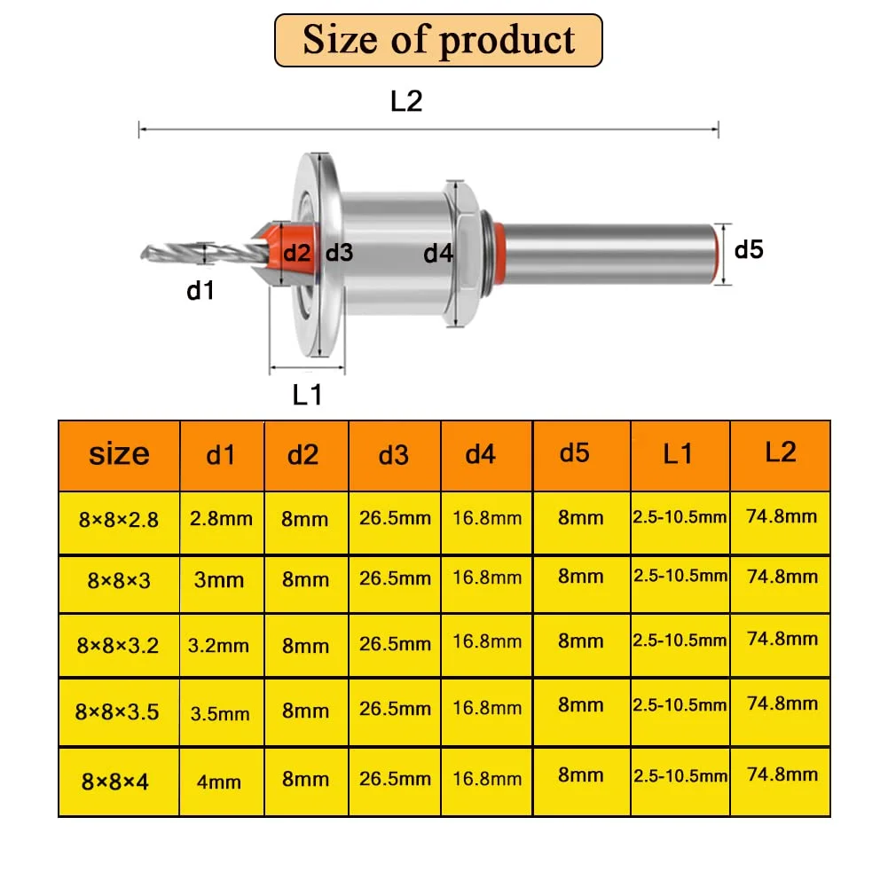 Router per la lavorazione del legno in acciaio legato con punta da trapano svasatore regolabile con gambo da 8 mm con limitatore di profondità per la fresatura e la perforazione dei fori della vite