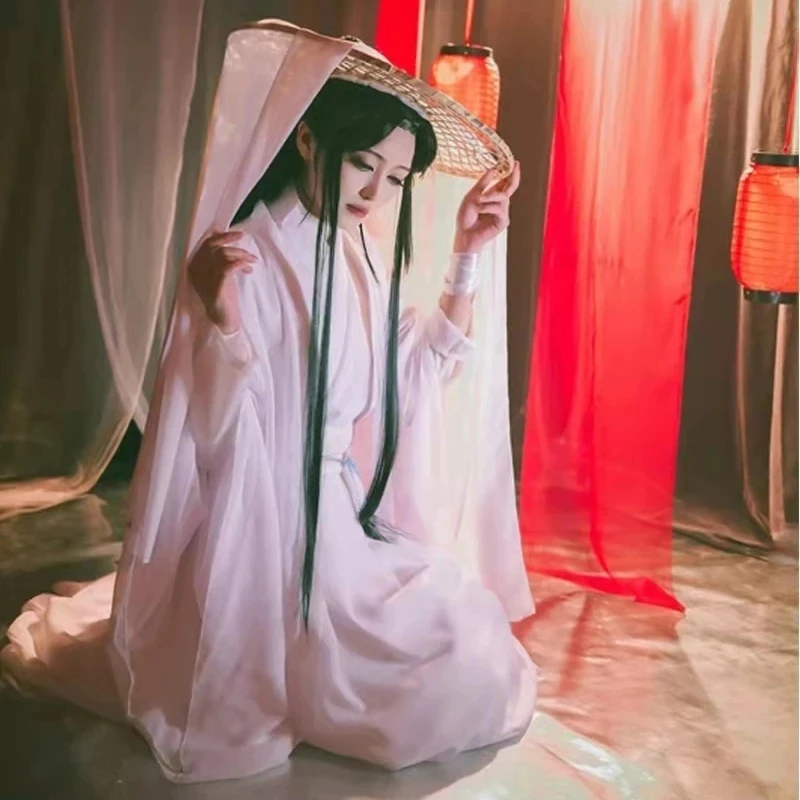 Heaven Official's Blessing Xie Lian disfraz de Cosplay sombrero de bambú pelucas Prop White HanFu Outfit Tian Guan Ci Fu sombrero para Halloween