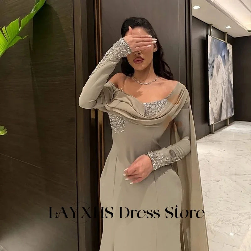 Eleganckie sukienki wieczorowe LAYXHS na jedno ramię, długi rękaw, syreni krój, koraliki, szal, plisy, formalne sukienki na studniówkę, szyte na miarę فستان سهرة ن