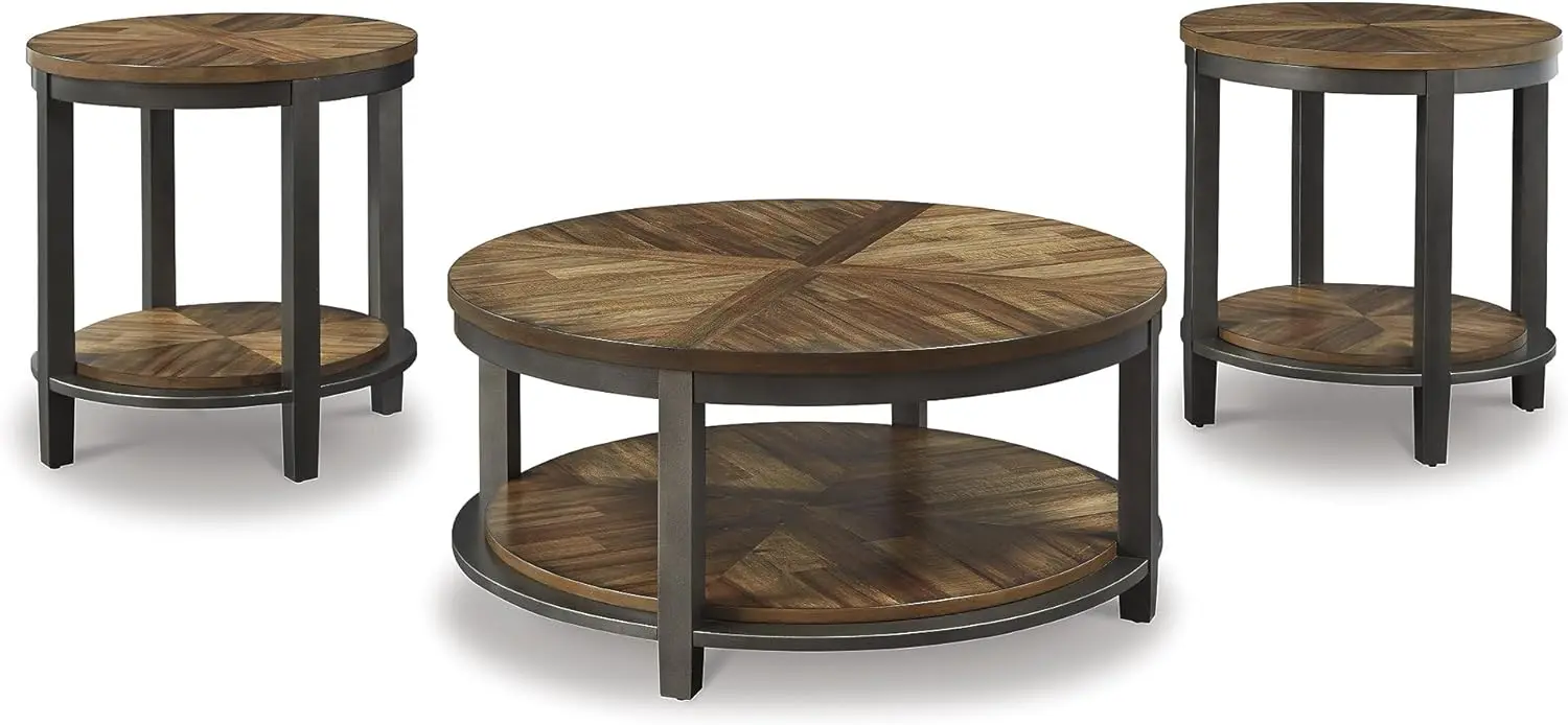 Signature Design by Ashley Roybeck Rustic Round 3-Piece Table Set, Includes 1 Coffee Table and 2 End Tables with Fixed Shelf,