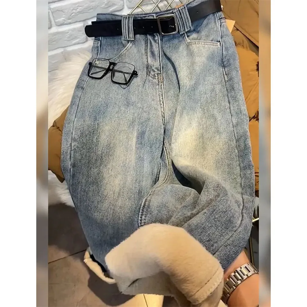 Winter Thicken Y2k 90s Vintage Women Denim Pants High Waist Cargo Loose Plus Velvet Korea Dongdaemun Baggy Jeans Denim Trousers