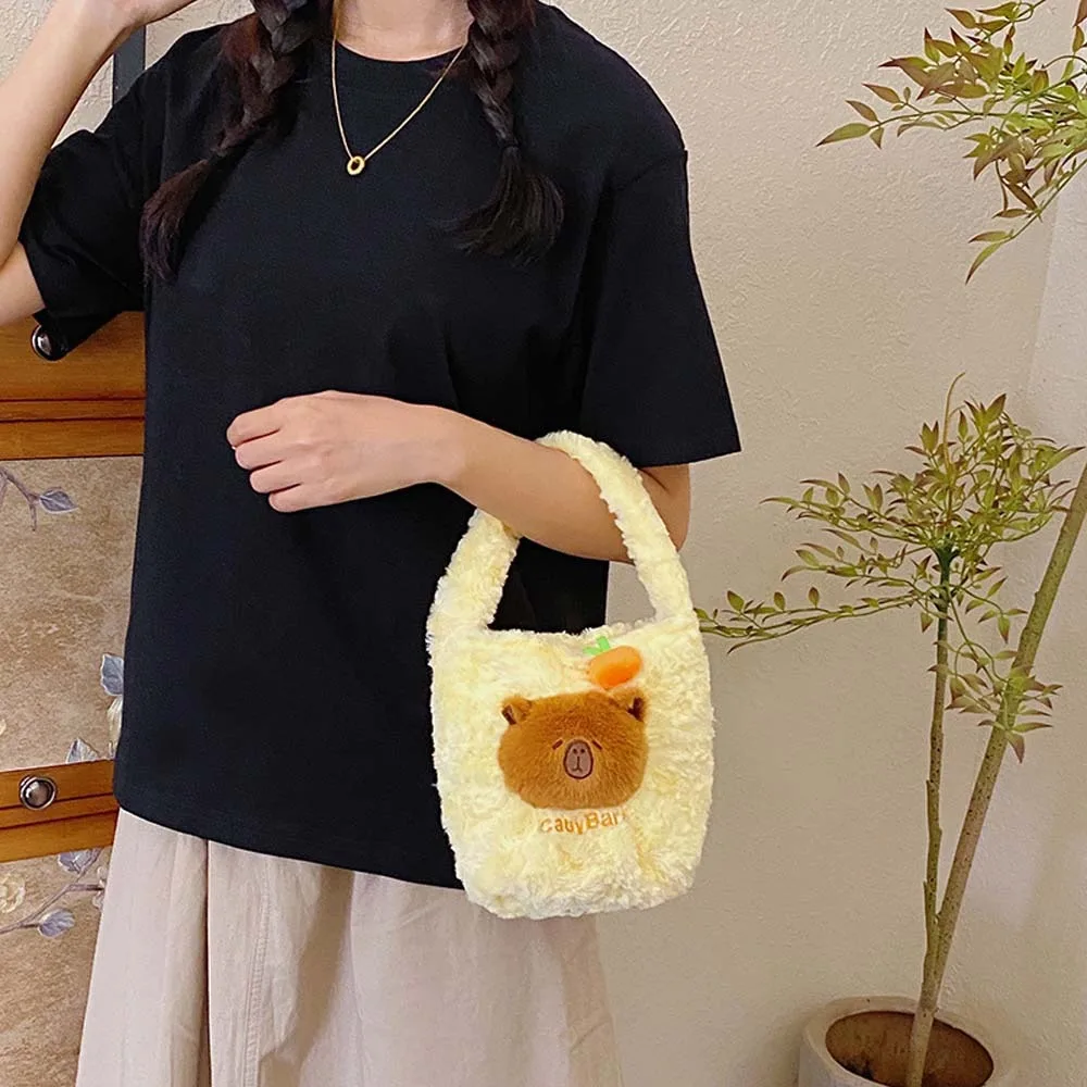 

Plush Capybara Bucket Bag Embroidered Large Capacity Furry Handbag Polyester Orange Cartoon Storage Bag a Festive Gift