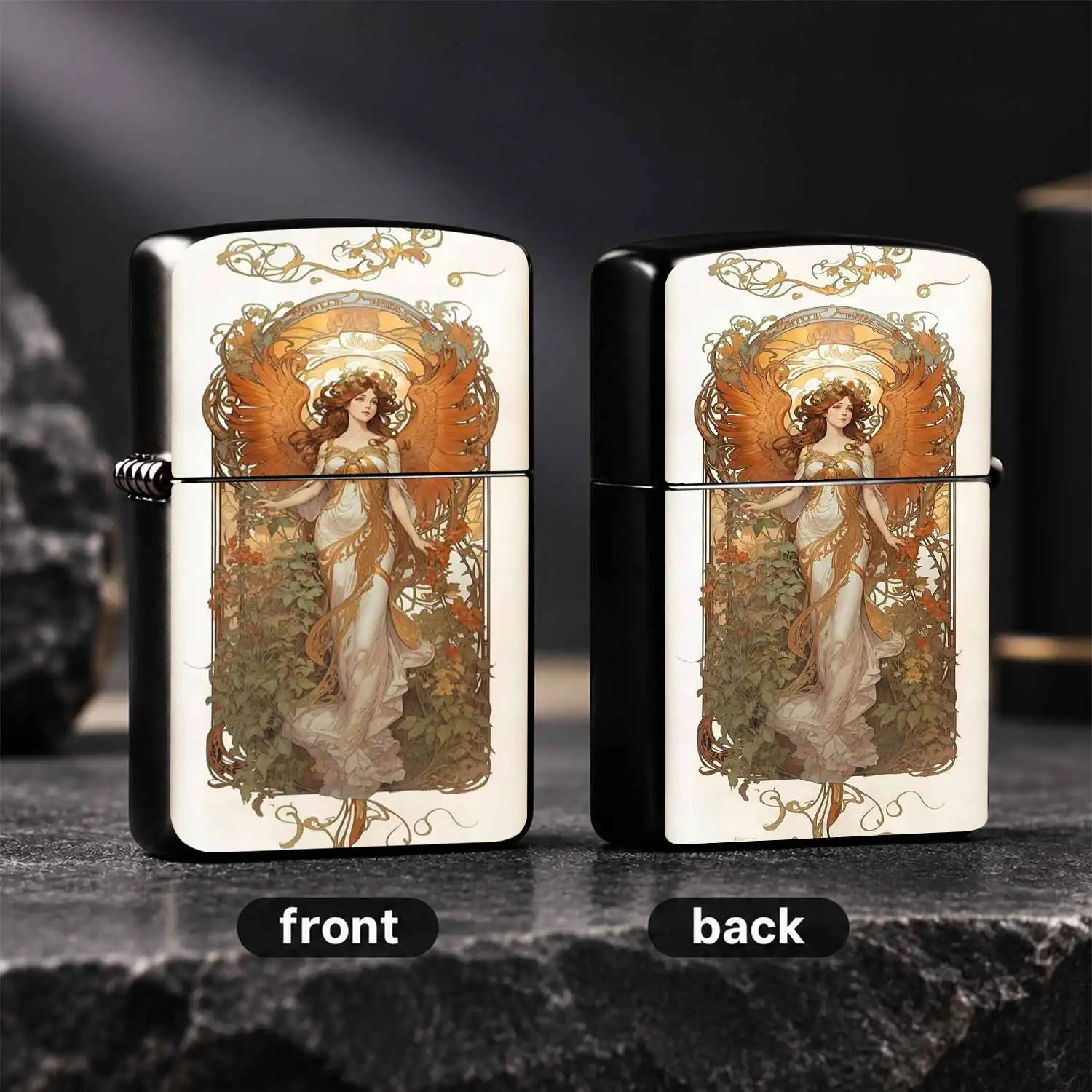 Vintage Mucha Style Winged Angel Printed, Artistic Orange Gold Floral Pattern Smooth Ignition Portable , Unique Exquisite Practical Igniter For Personal Use Gifting To Friends Family A Fun And Humorous Lighter