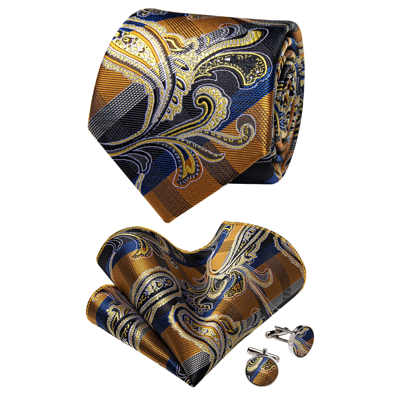 Vintage Men\'s Jacquard Necktie with Pocket Square Cufflinks for Business Wedding Party  Classic Paisley Tie for Man