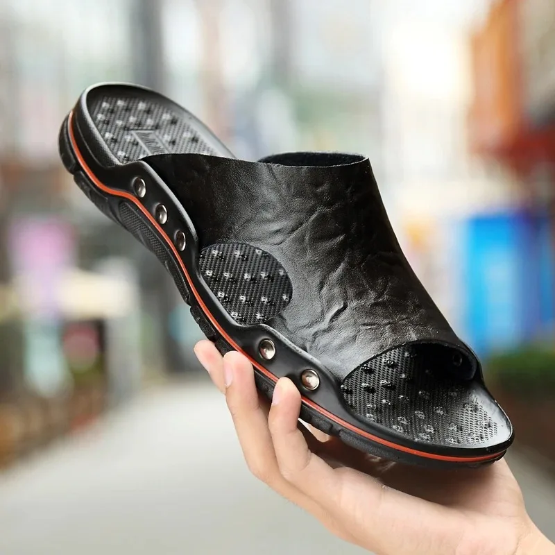 

Summer Mens Slippers Fashion Leather Casual Shoes Hig End Mueller Slippers for Man Comfort Non Slip Beach Slipper Zapatos Hombre