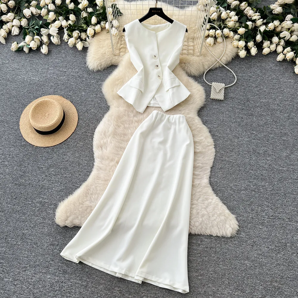 

Two Piece Sets Women Skirt Set Sleeveless Vest Top Slim Fit Long Skirts A Line High Waist Y2k Streetwear Elegant Work Spring
