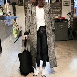 Tweed Jackets Korean High Quality Women Windbreakers Slim Autumn Winter New England Style Plaid Trench Single Button Mid Long