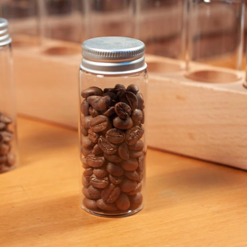 1pc Coffee Bean Glass Tube With Aluminum Tool Bottled Tubes Grain Storage Wooden Sealed Airtight Canisters