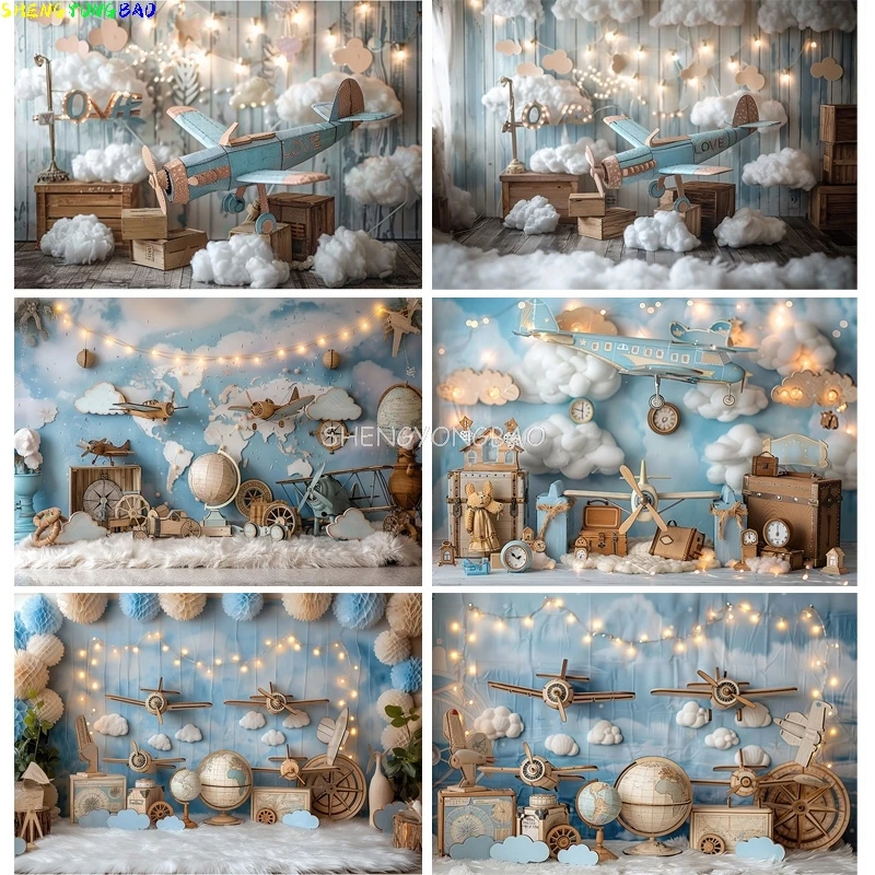 

Model Airplane Nautical Retro Globe Blue Marine Photography Backdrops Props Baby Newborn Birthday Party Photo Background HD-01