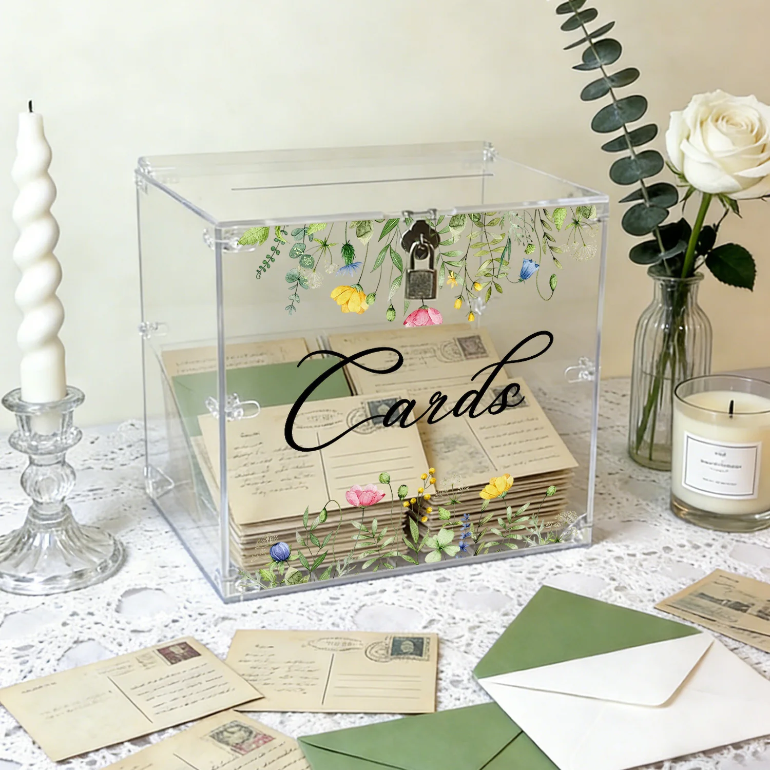 

Acrylic Wedding Card Boxes with Lock, Colorful Wildflower Border Design, Card Boxes for Wedding Reception, Birthday Decorations