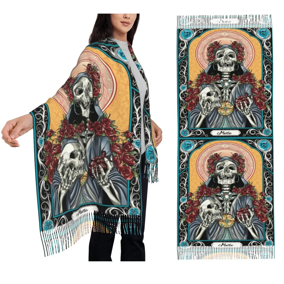 

Santa Muerte Spanish Scarf Tassel Scarves for Women Soft Warm Shawls and Wraps Long Fall Winter Shawl Wrap