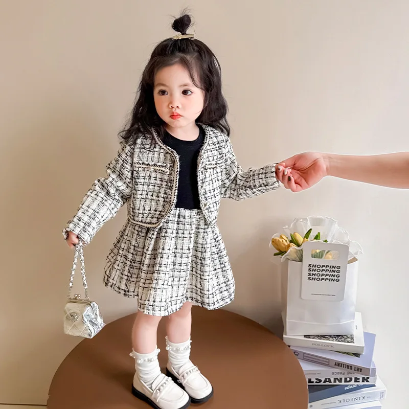 Girls Small Fragrant Style Two-piece Set Spring Autumn 2025 New Children Pleated dress Set Korean Baby Children Clothing