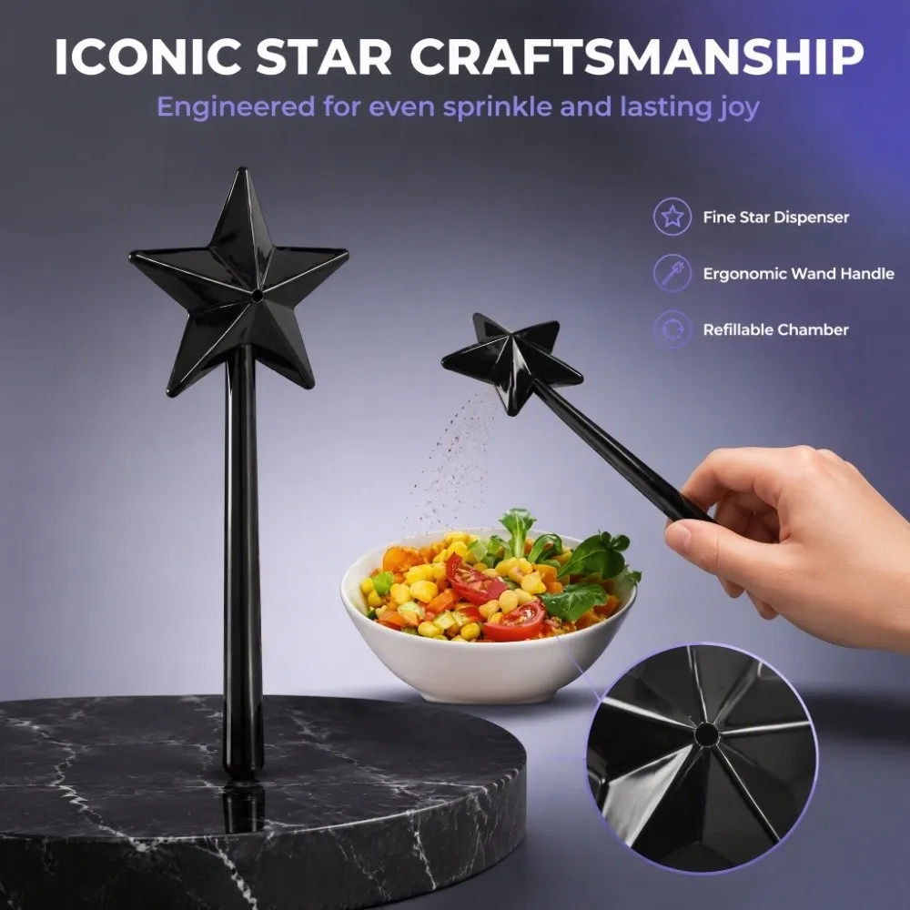 Seasoning Shaker Wand Black Pentagram Shape Salt Dispenser Wand Magic Wand Design Dinner Party Refillable Seasoning Dispenser