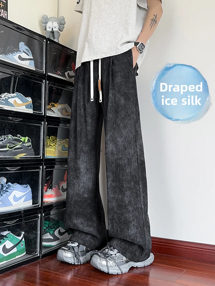 

American Dyed Ice Silk Pants Men's Summer Loose Lazy Sle High Waist Wide Leg Straight Casual Long Trousers