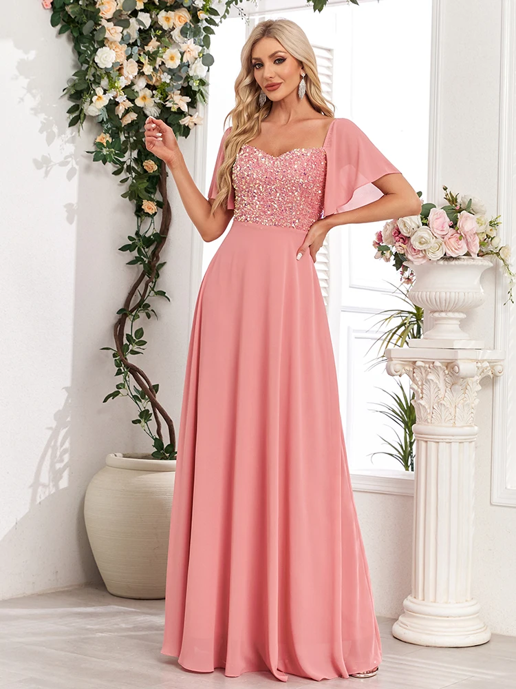 Women Square Neck Short Sleeve Coral Pink Formal Evening Dress A-line Sequin Chiffon Birthday Party Long Dress New