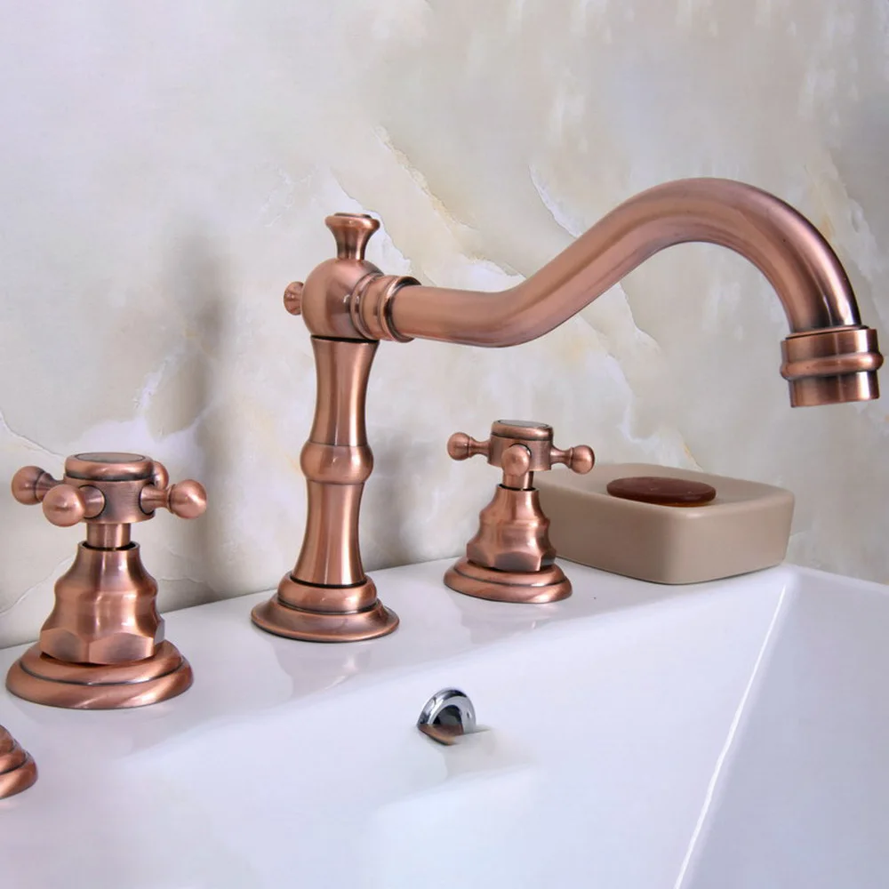 

Bathroom double handle faucet Antique Red Copper faucet Basin sink Mixer Tap 3 hole two handle faucet Nrg059