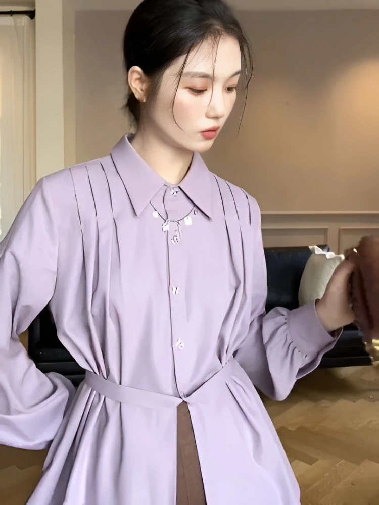 Shirts Women Design Personality Elegant All-match Creativity Casual Popular Spring Folds Simple Pure Daily Ladies Korean Style