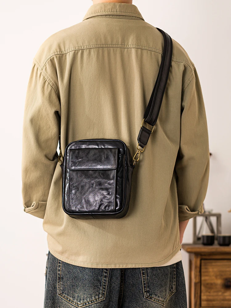 Outdoor daily casual first layer cowhide men's mobile phone bag weekend party luxury genuine leather shoulder crossbody bag