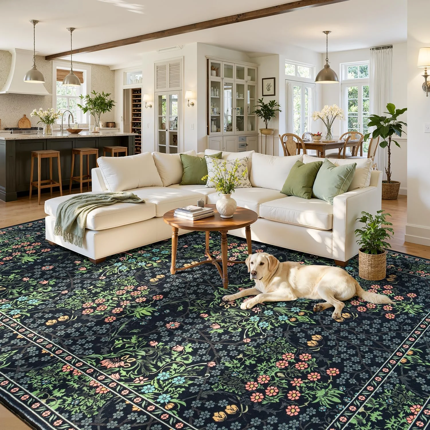 Large 9x12 Black Green Moody Floral Boho Area Rug Washable Non Slip Low Pile Carpet for Bedroom Farmhouse Nursery