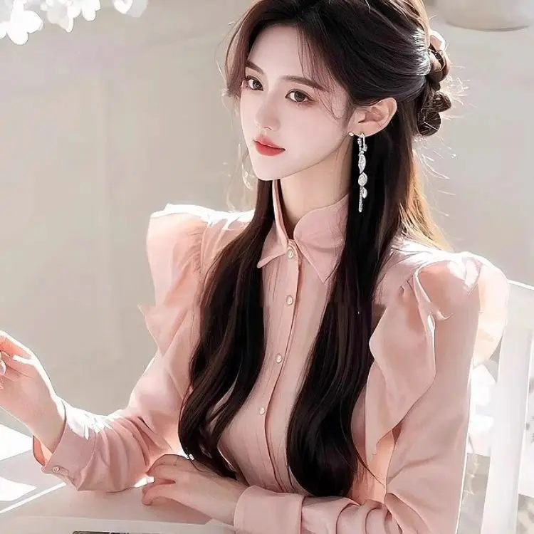 

French Long Sleeve Chiffon Shirt Spring Ruffle Lace Edge Design Loose Stylish Top