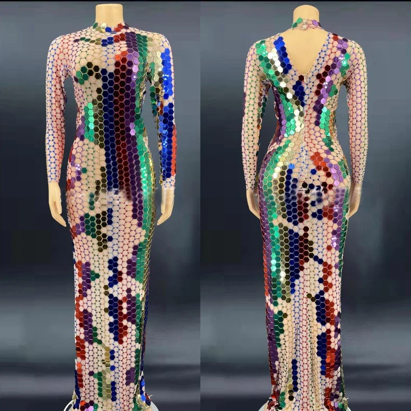 

Colorful Sequins Maxi Dress Birthday Celebrate Outfit Women Prom Evening Dress Stage Show Singer Jazz Dancer Costume XS5031