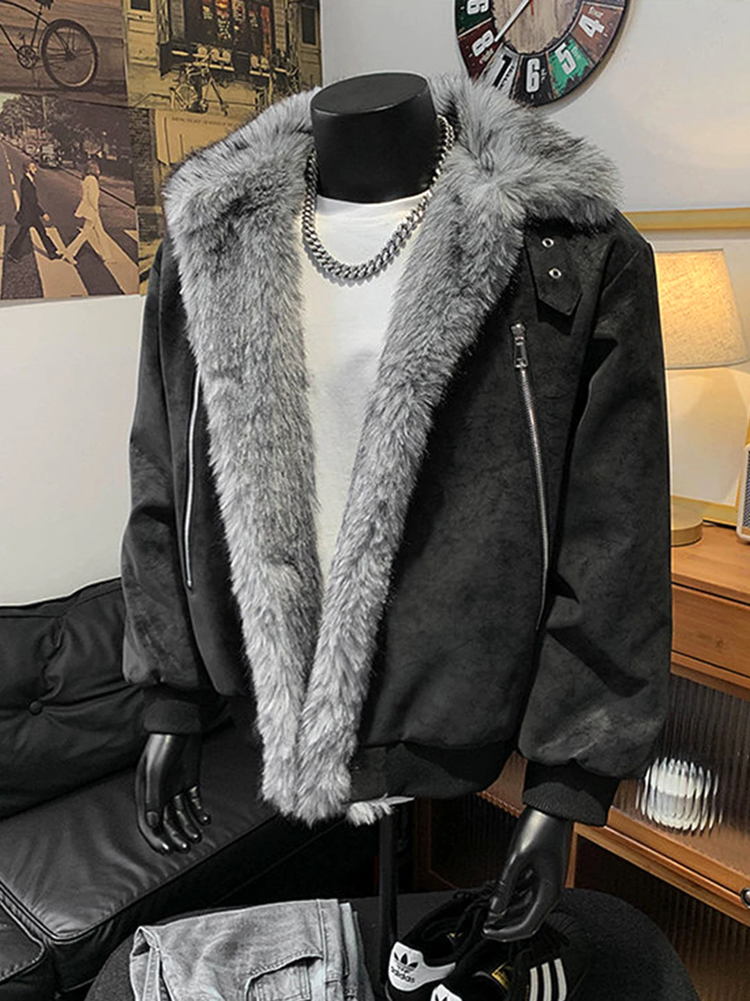 

Men's Winter Thiened Faux Leather Jaet Bla Matte PU Leather Coat with Fur Collar Casual Warm Cotton Workwear Jaet