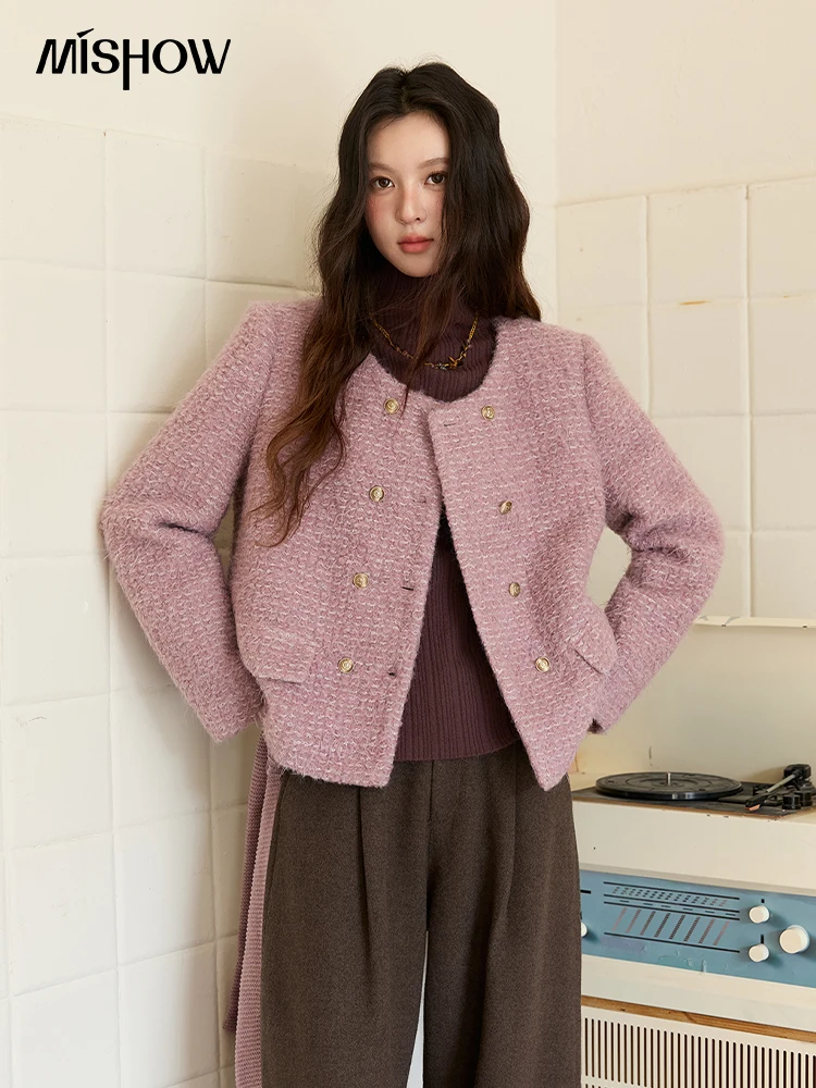 

MISHOW шерстяное пальто женское 2025 фиолетовое роскошное двубортное твидовое пальто с круглым вырезом короткая куртка зимняя одежда MXE88W0881