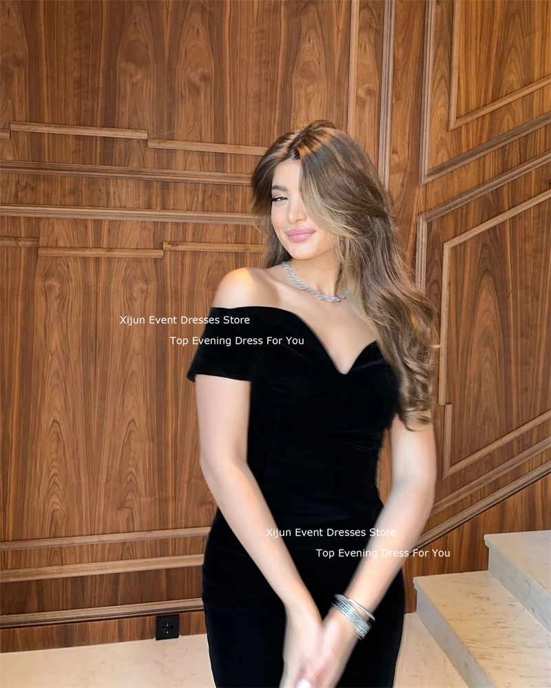 Xijun Black Velvet Mermaid Evening Dresses Saudi Arabric Simple Prom Dresses Sleeves Off The Shoulder V-Neck Prom Gowns 2025