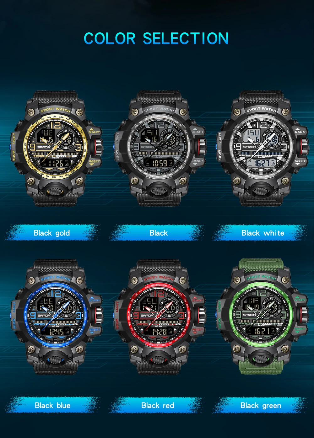 Fashion SANDA 3133 ساعة إلكترونية للطلاب الشبابية رياضية مقاومة للماء لعرض الأسبوع ساعة تناظرية رقمية وساعة منبه