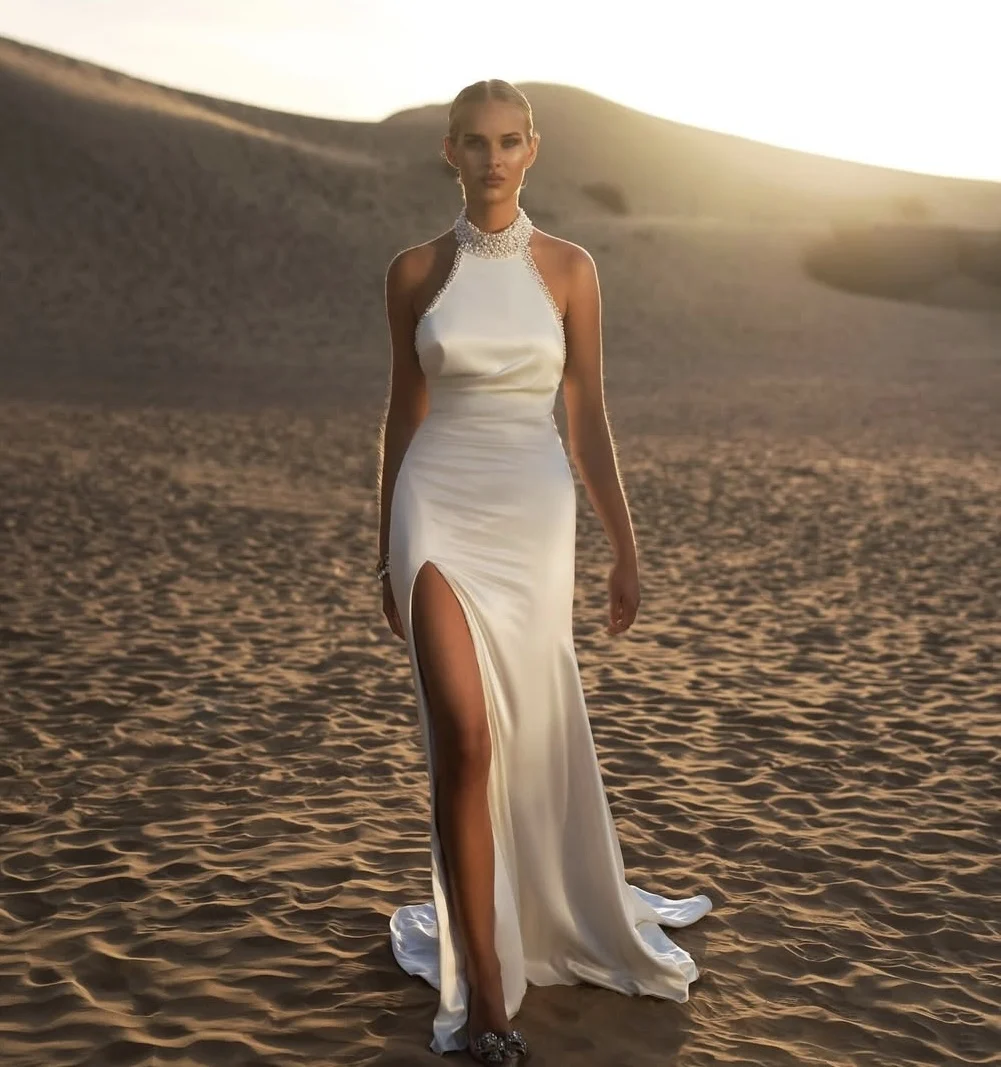 여성용 웨딩드레스 2025 홀터 펄 머메이드 백리스 심플 브라이덜 가운 우아한 사이드 슬릿 웨딩드레스